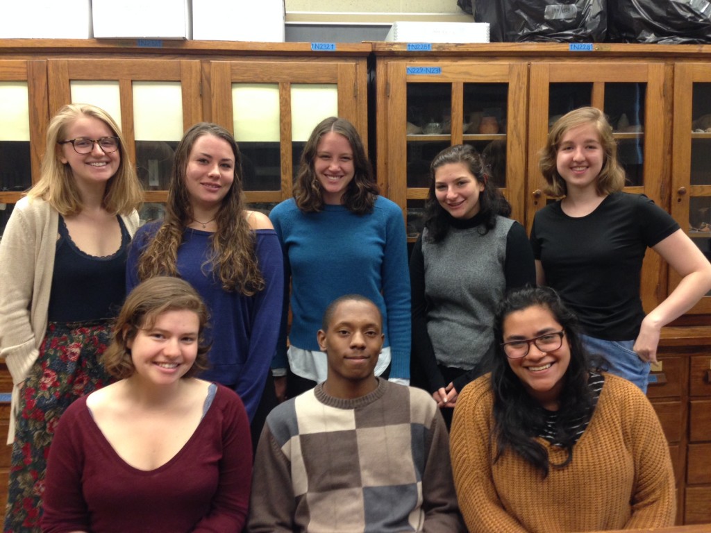 Back row, from left to right: Jess Cummings, ’17, Kristen Lynch, ’16, Sarah Hoynes, ’16, Heather Whittmore, ’17, Amanda Larsen, ’18. Front row, left to right: Isabel Alter, ’17, Ryan Moye, ’16, Jodi Almengor, ’17. Not pictured: Jessie Cohen, Archaeological Collections Manager and Instructor.