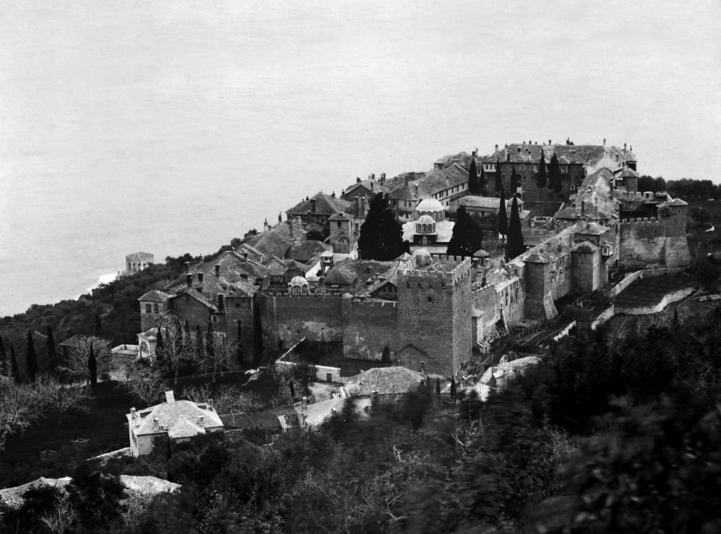 Monastery of Megisti Lavra, the oldest monastery on Mount Athos. Photo taken late 19th century - early 20th century.